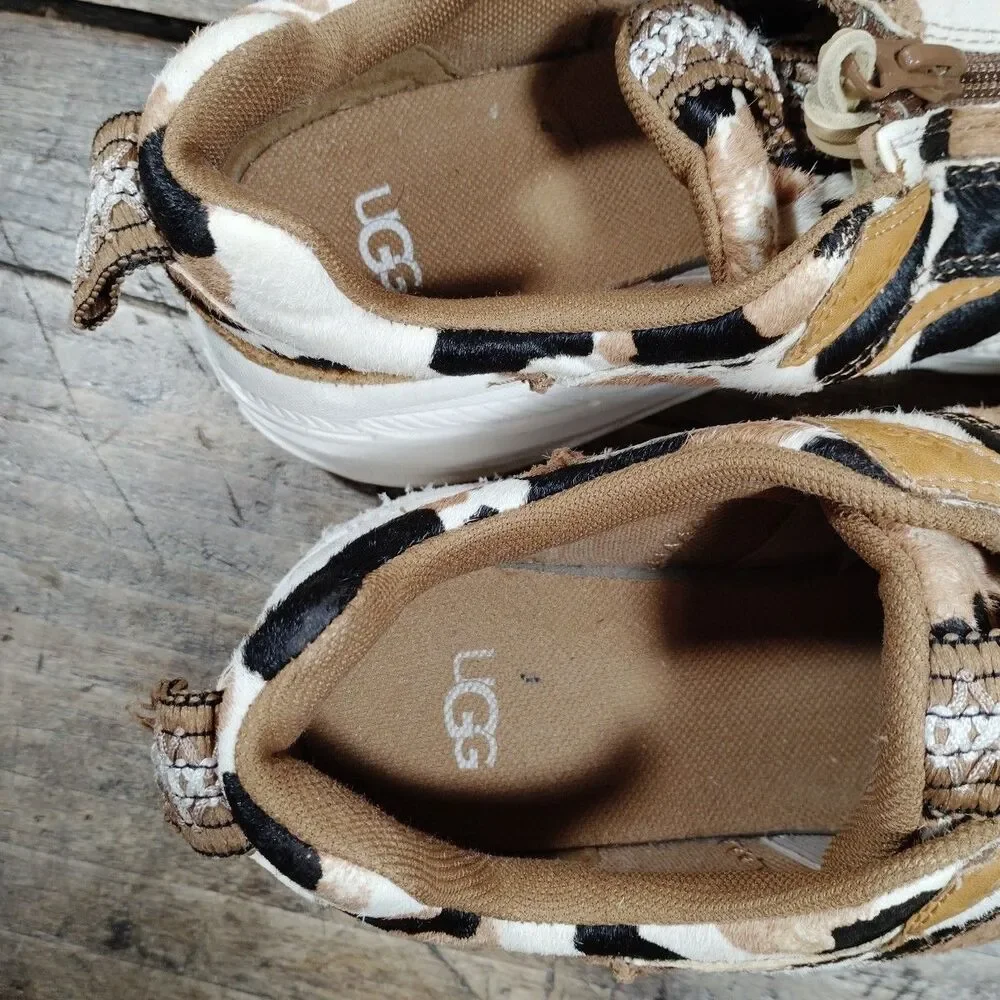 Ugg Sneakers 7.5 Cow Print 1120717 Brown Black Cream Zip Shoes Platform Suede
